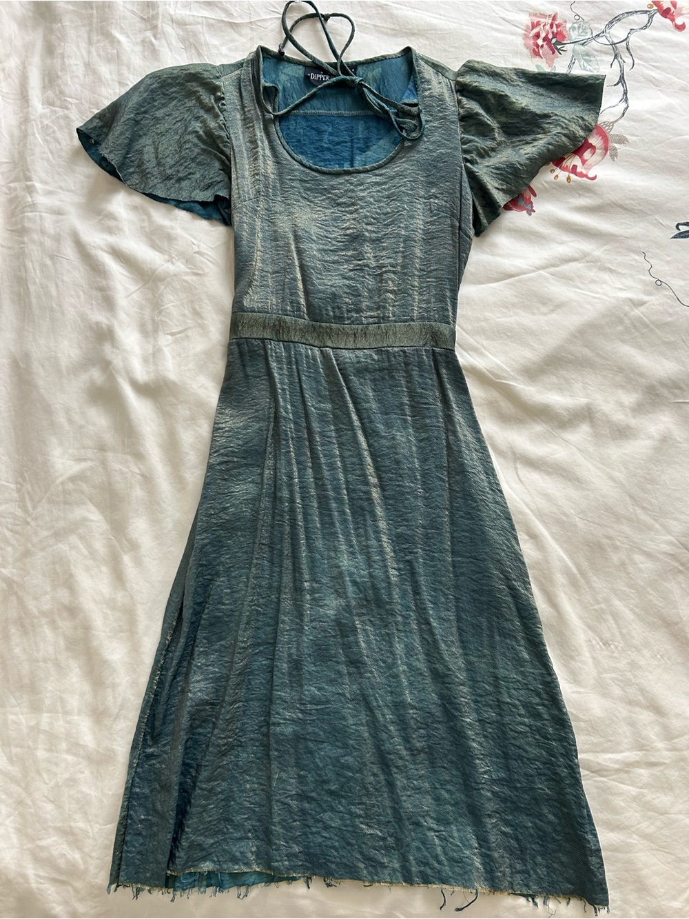 Vintage handmade Dipper Mouth blue green gold midi dress with flutter sleeves